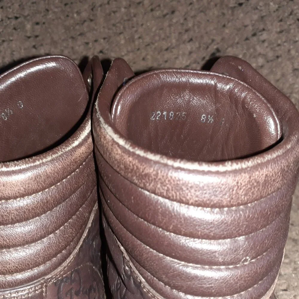 GUCCI-GG High Top 'Guccisima'-Brown Leather Hi-Top Sneakers-Sz 8.5-Excellent - Picture 7 of 11